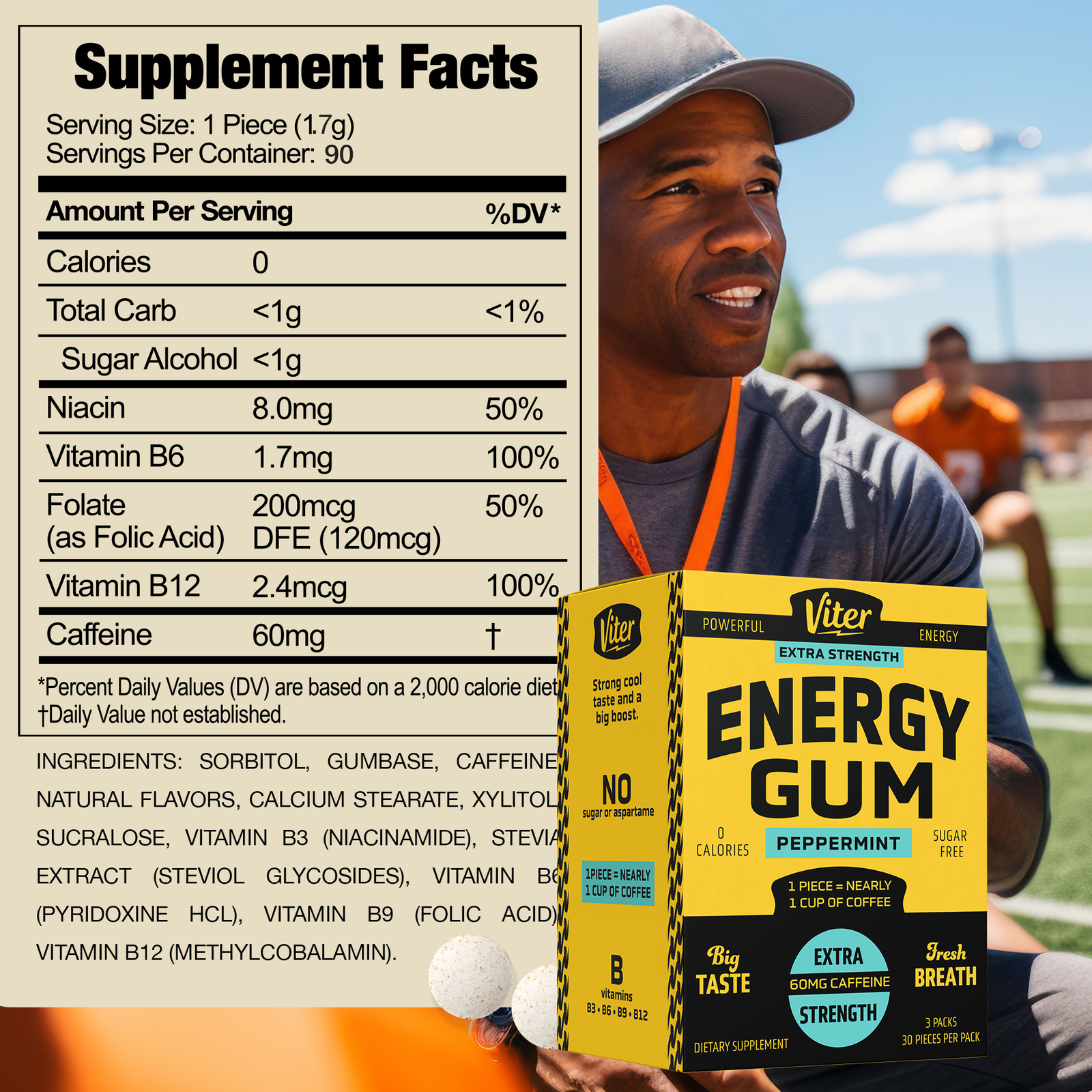 Viter Energy Caffeine Gum | 30 Piece Bags (Pack of 3)